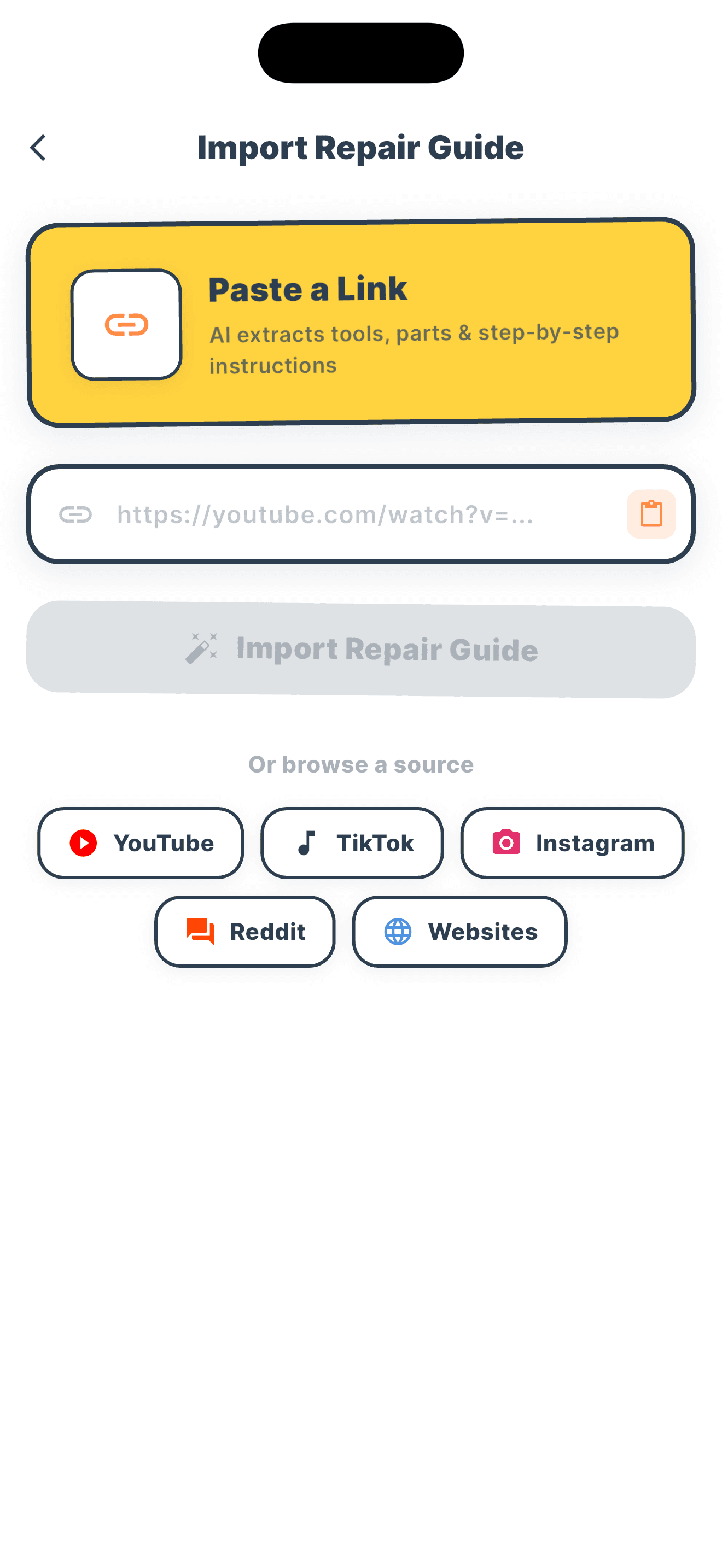 Import screen where users paste a YouTube, TikTok, Instagram, Reddit or website link for AI to analyze