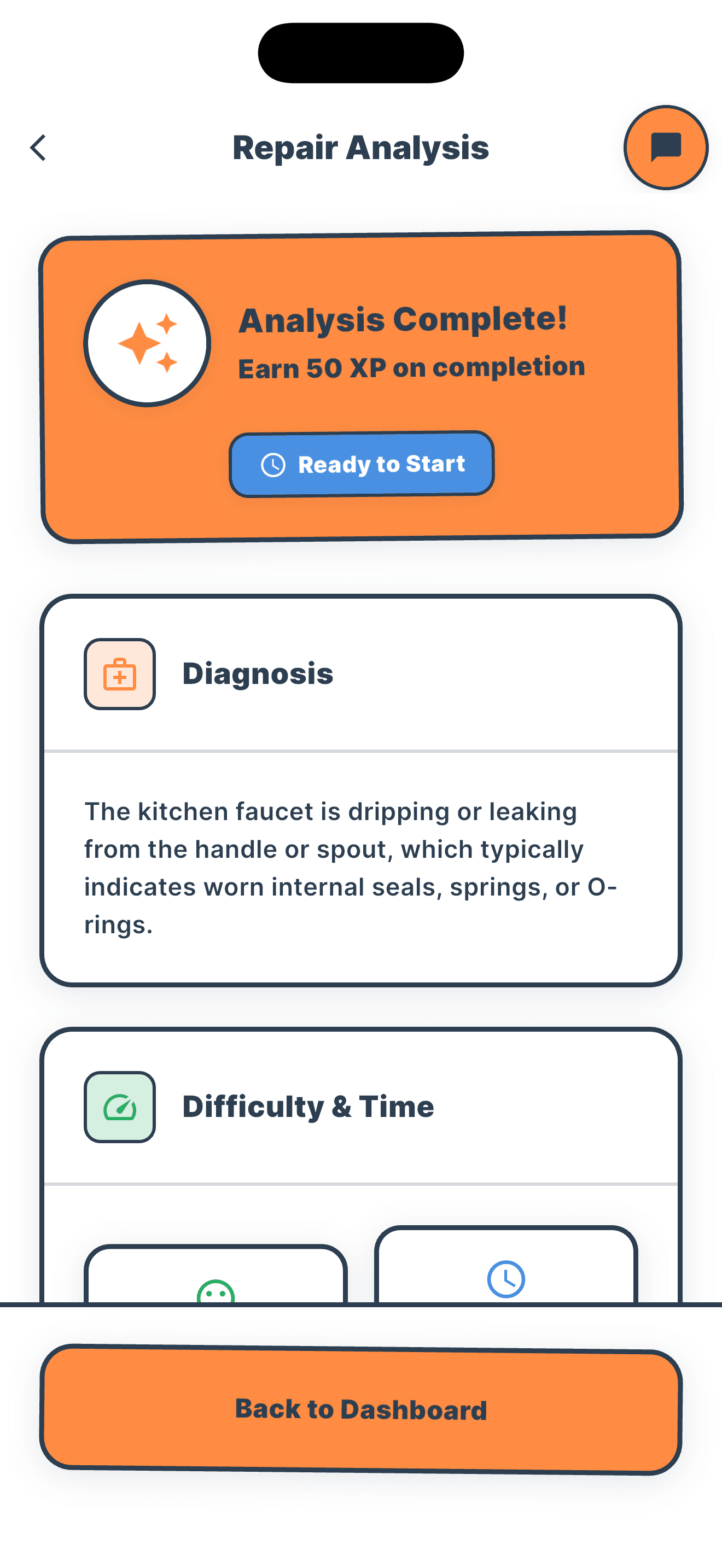 Repair guide diagnosis view showing the problem summary, difficulty rating, and estimated time