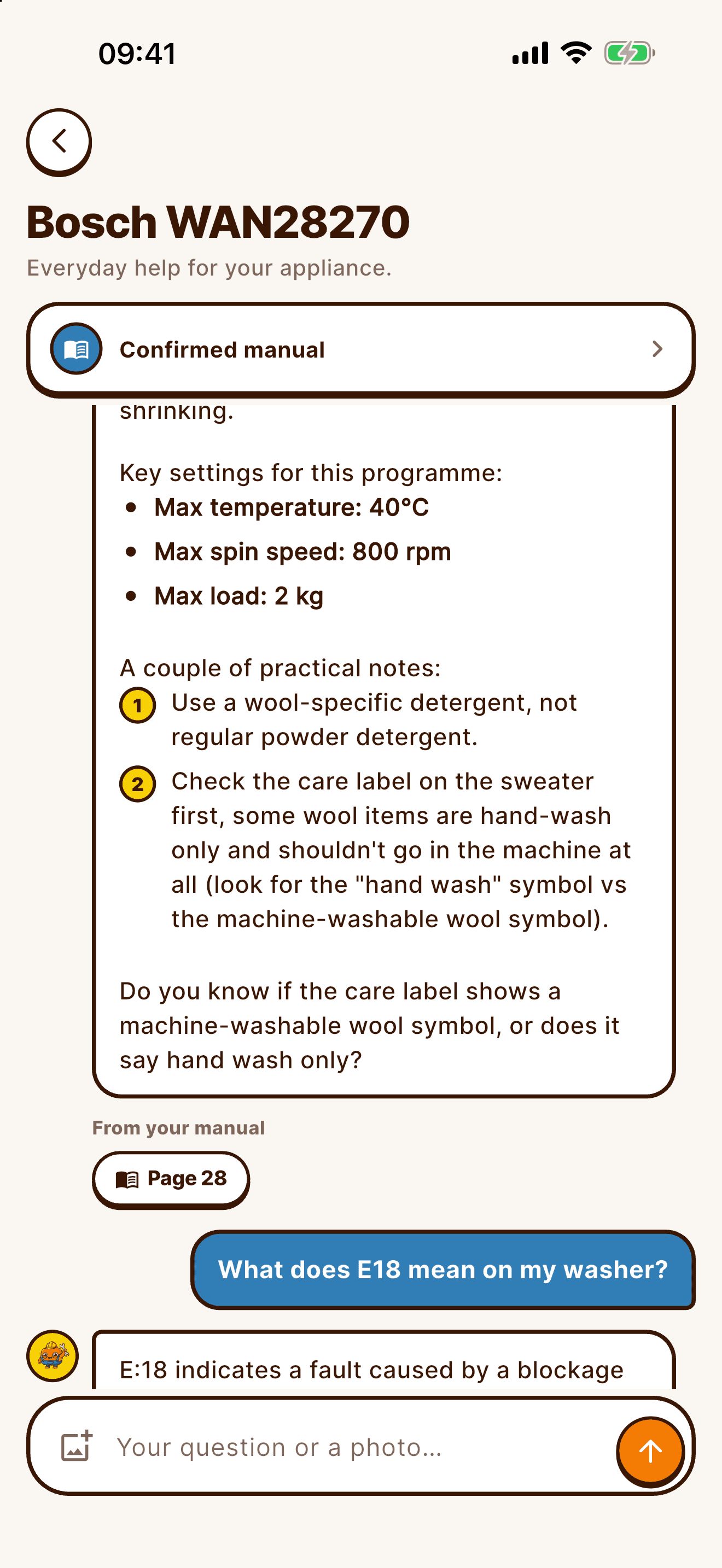 Fixable answering a question about a Bosch washing machine from its manual, with the page