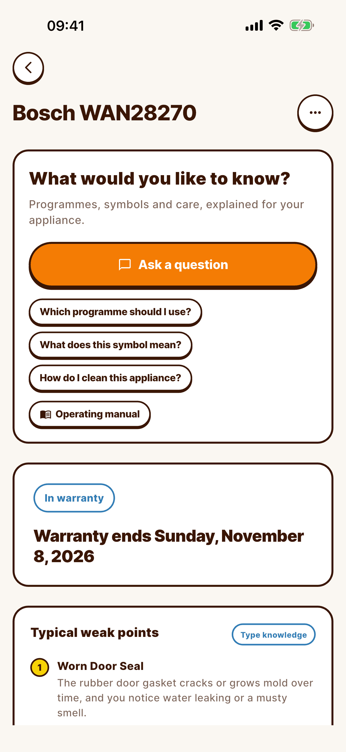 Fixable appliance page for a Bosch washing machine with the question field and the warranty countdown